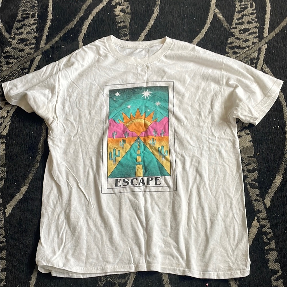 White Graphic Tee with Colorful Desert Design